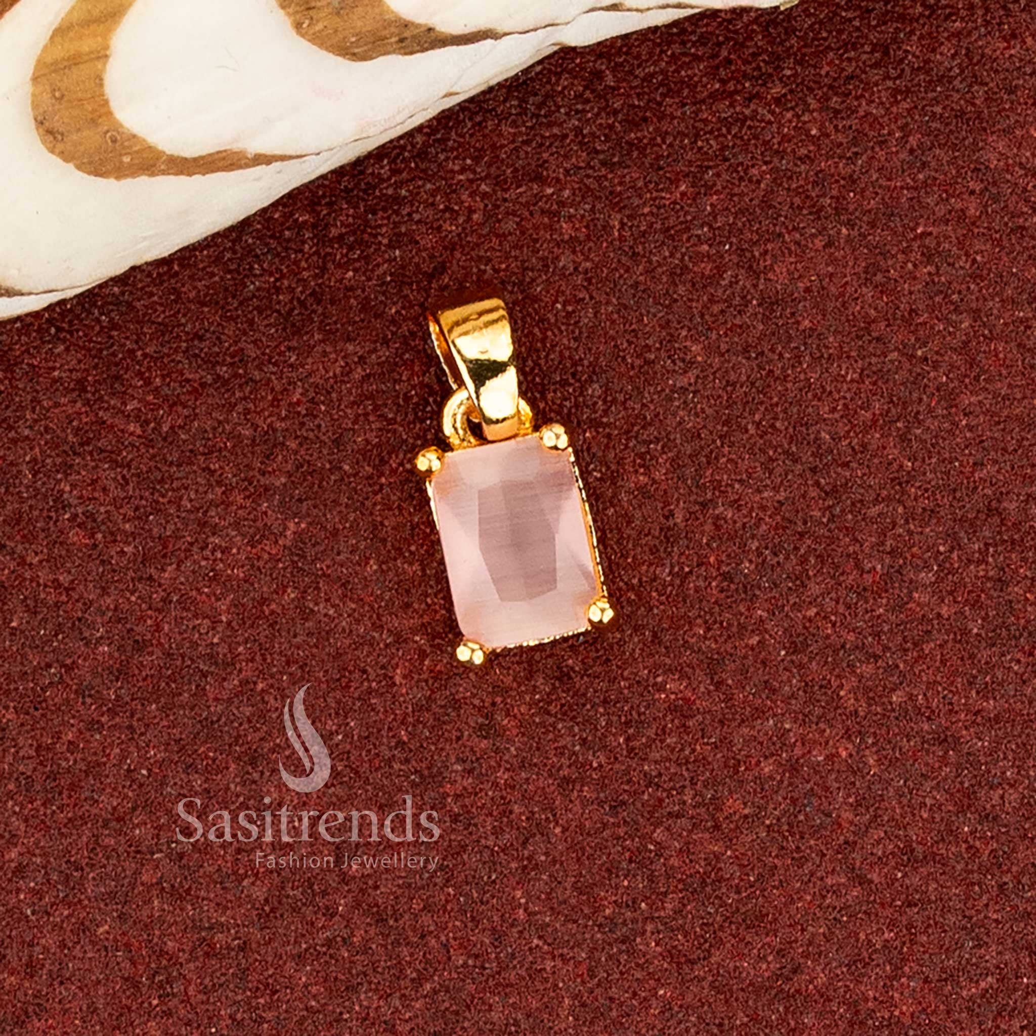Sasitrends minimal traditional rectangular cut stone pendant featuring smooth micro gold plated light pink Ad stone frame and clean silhouette