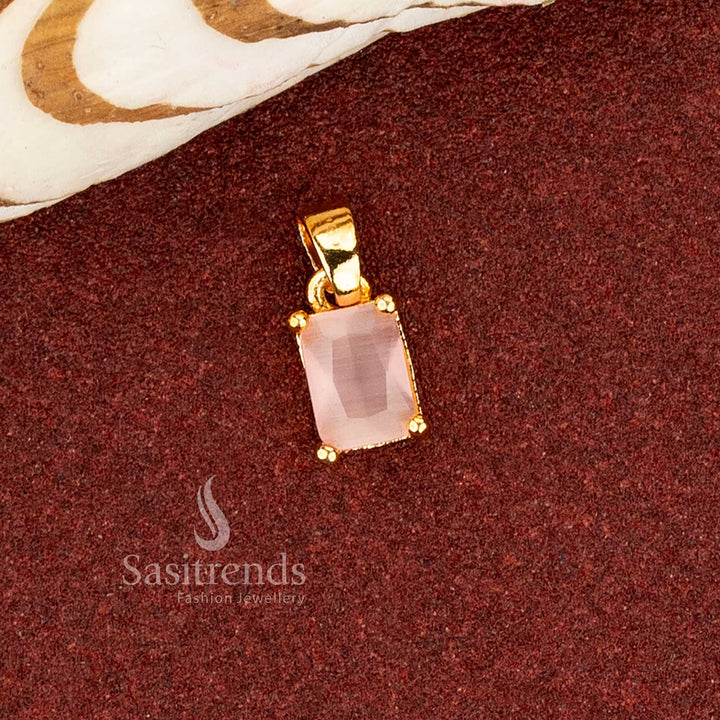 Sasitrends minimal traditional rectangular cut stone pendant featuring smooth micro gold plated light pink Ad stone frame and clean silhouette