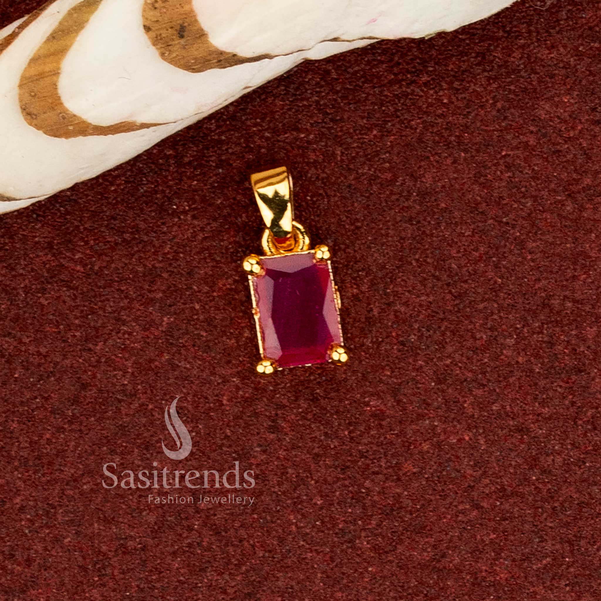 Sasitrends premium micro gold plated pendant with rectangular faceted ruby stone and classic four-prong detailing 
