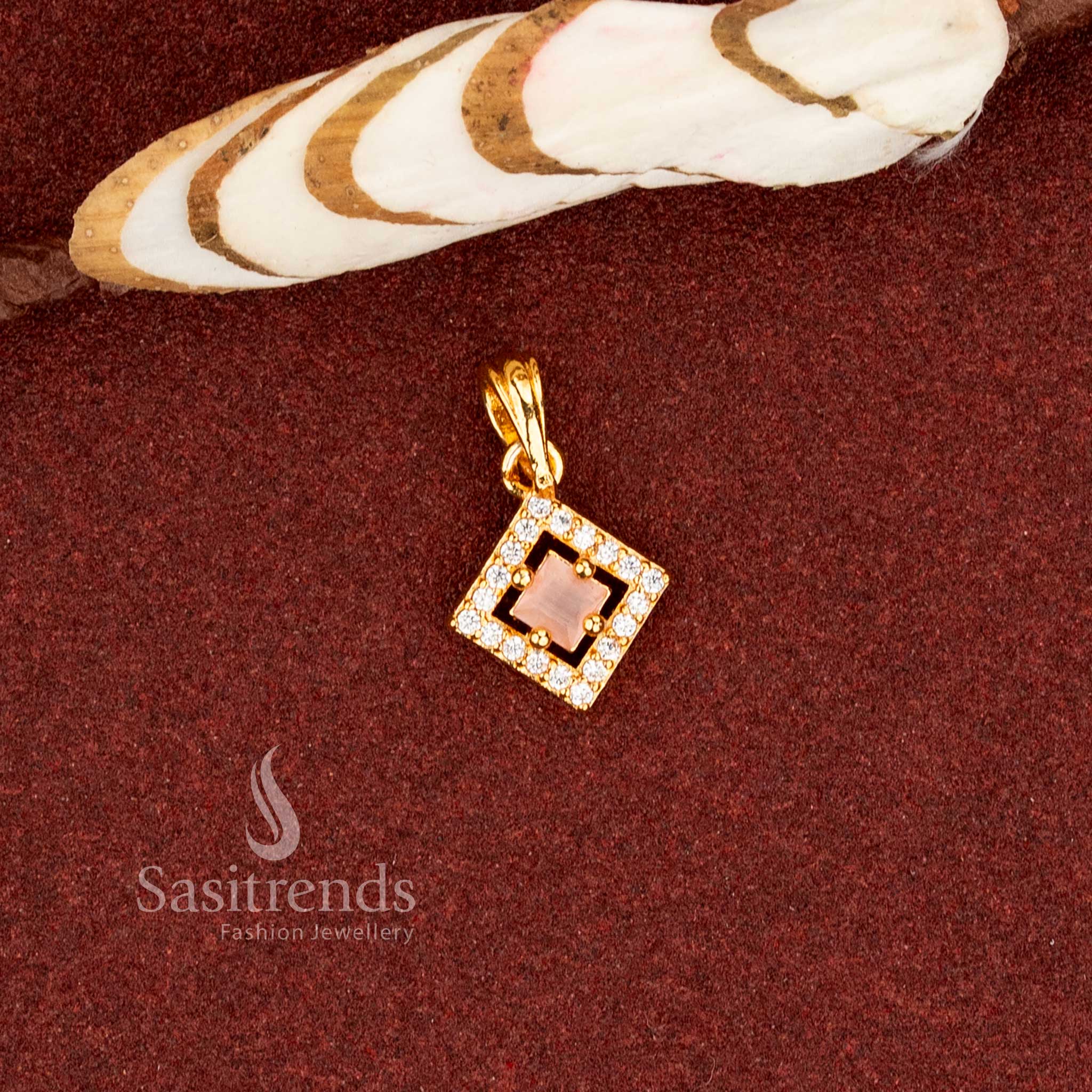 Sasitrends 24K one gram micro gold plated diamond-orientation pendant featuring detailed white pink AD stone border and elevated center stone setting