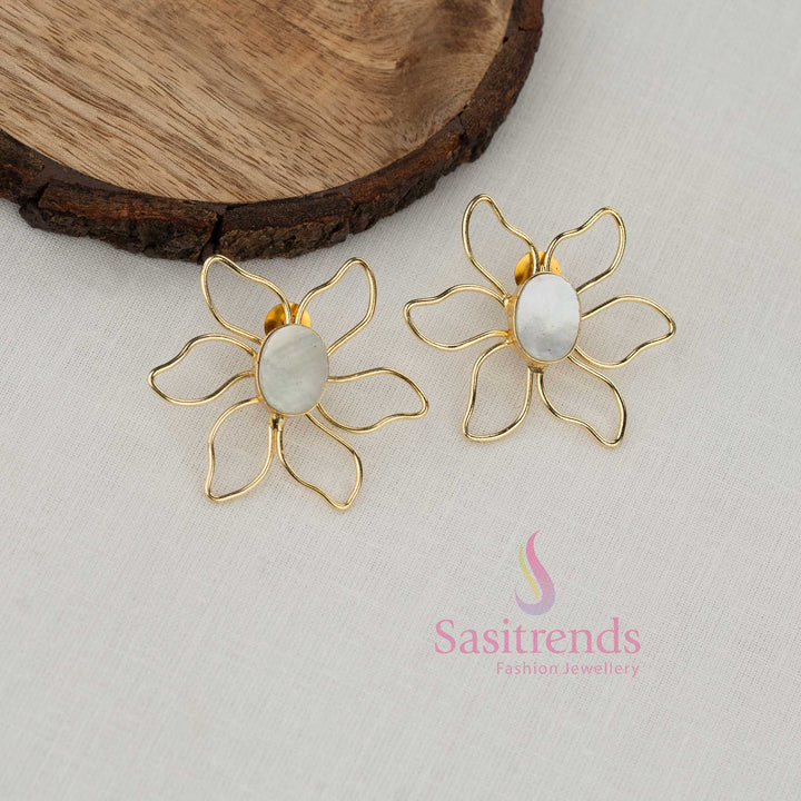 Trendy Gold Plated Abstract Flower Frame Stud Earrings for Girls with Oval Center Accent | Statement Floral Fashion Jewellery for Stylish Party Looks