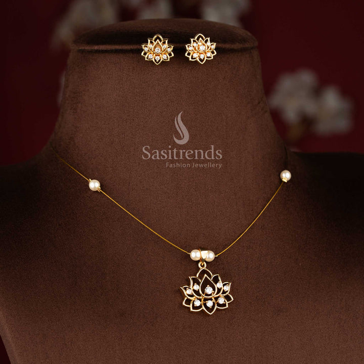 Sasitrends lotus floral invisible American diamond pendant necklace with matching lotus stud earrings pearl bead chain 24K gold plated jewellery set