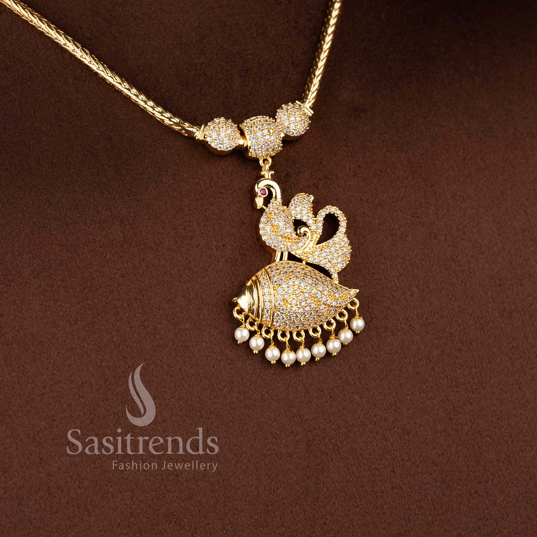 Sasitrends designer micro gold plated necklace showcasing peacock motif with layered dome design and pearl drops