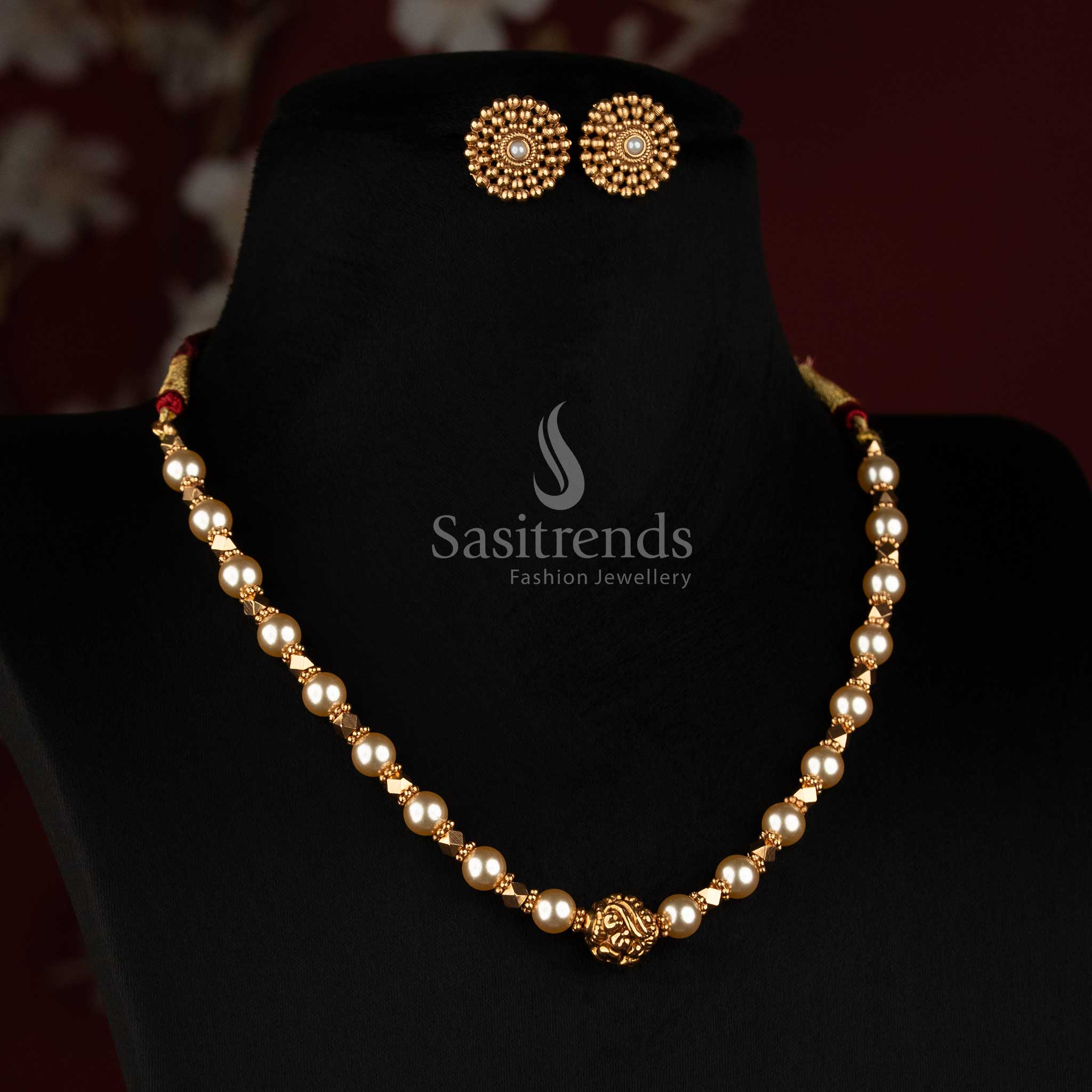 Sasitrends antique gold plated traditional pearl bead necklace with intricate floral pendant