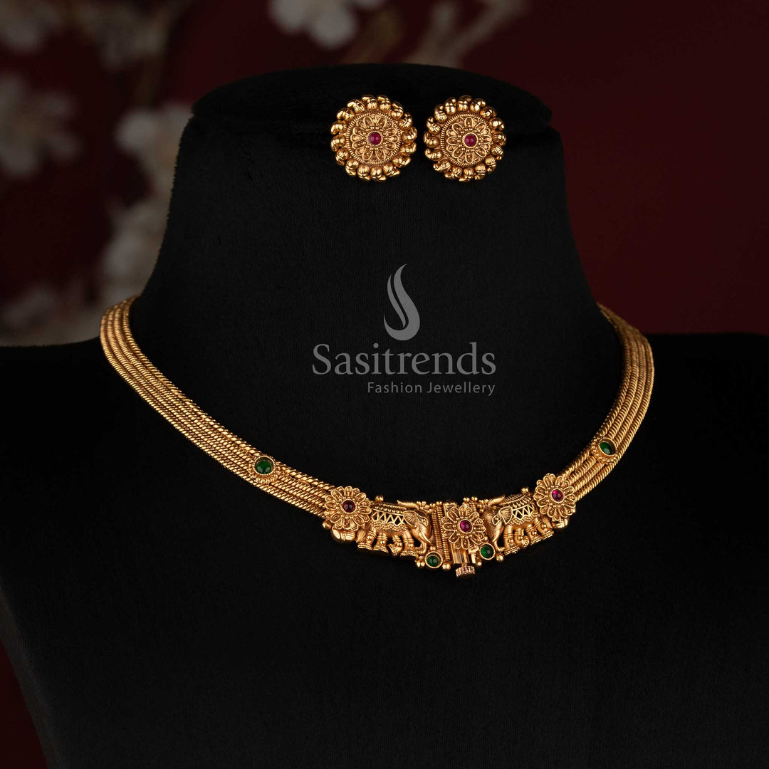 Sasitrends antique gold plated traditional Indian necklace set collection with three distinctive temple-inspired designs 