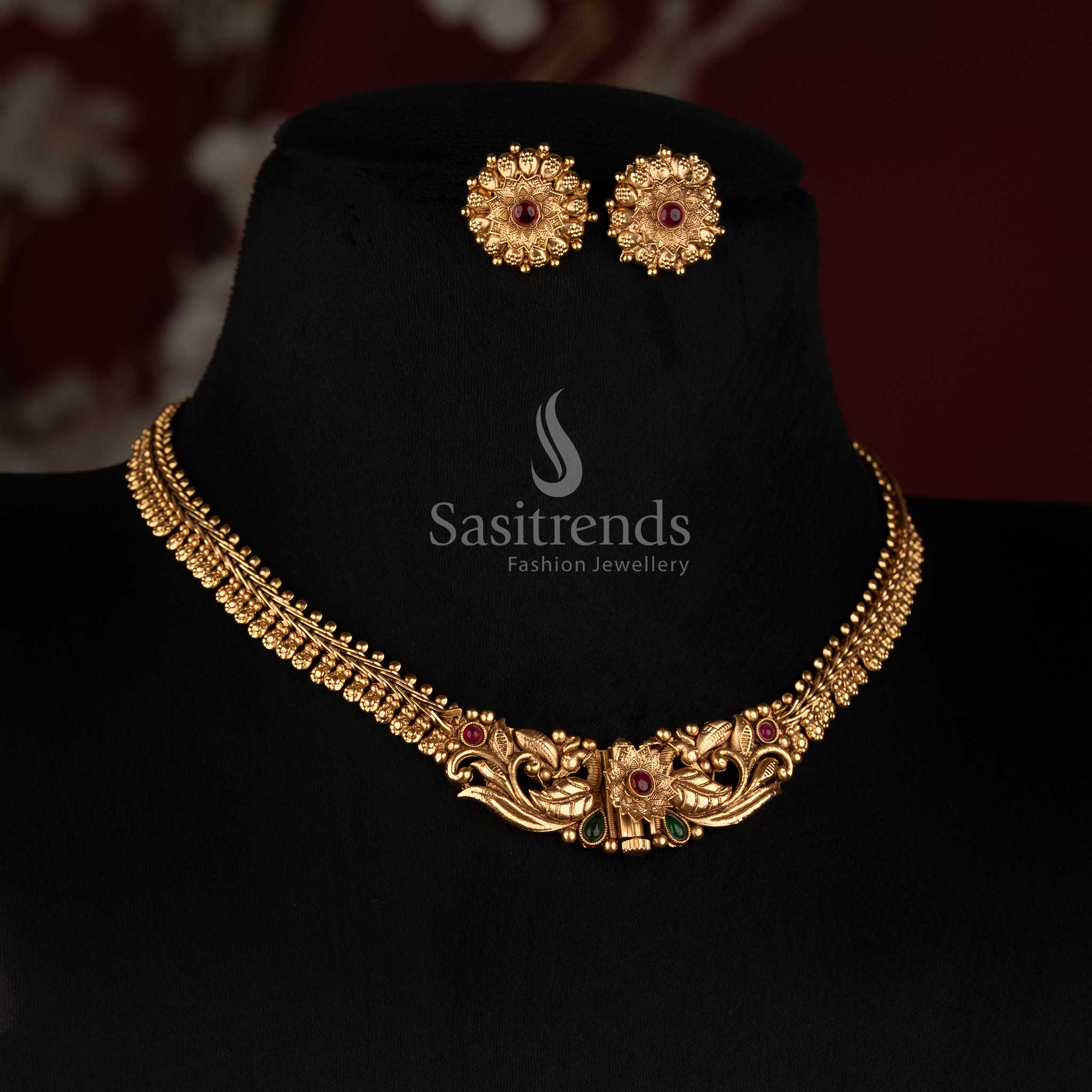 Sasitrends antique gold plated traditional Indian necklace set collection with three distinctive temple-inspired designs 