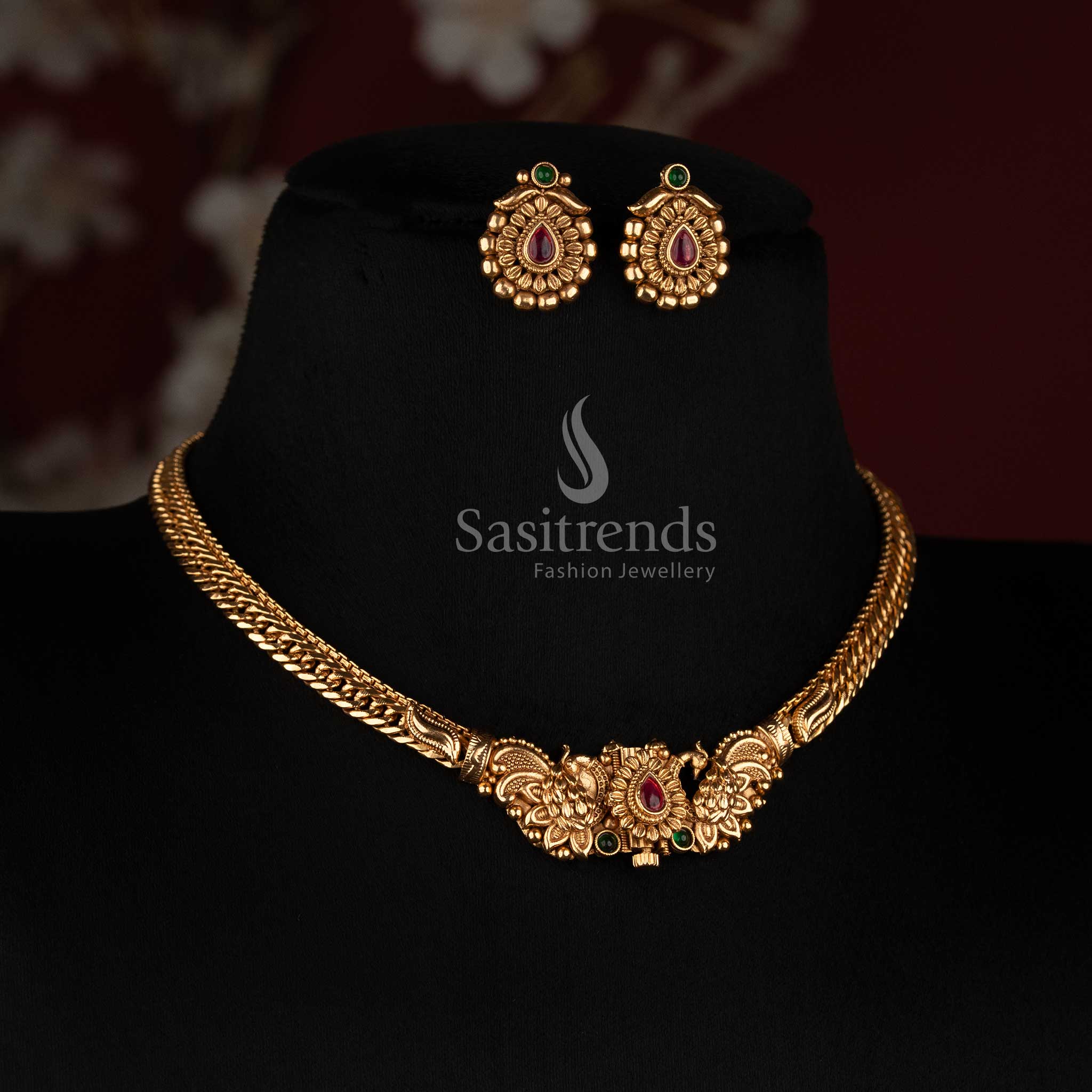 Sasitrends antique gold plated traditional Indian necklace set collection with three distinctive temple-inspired designs 