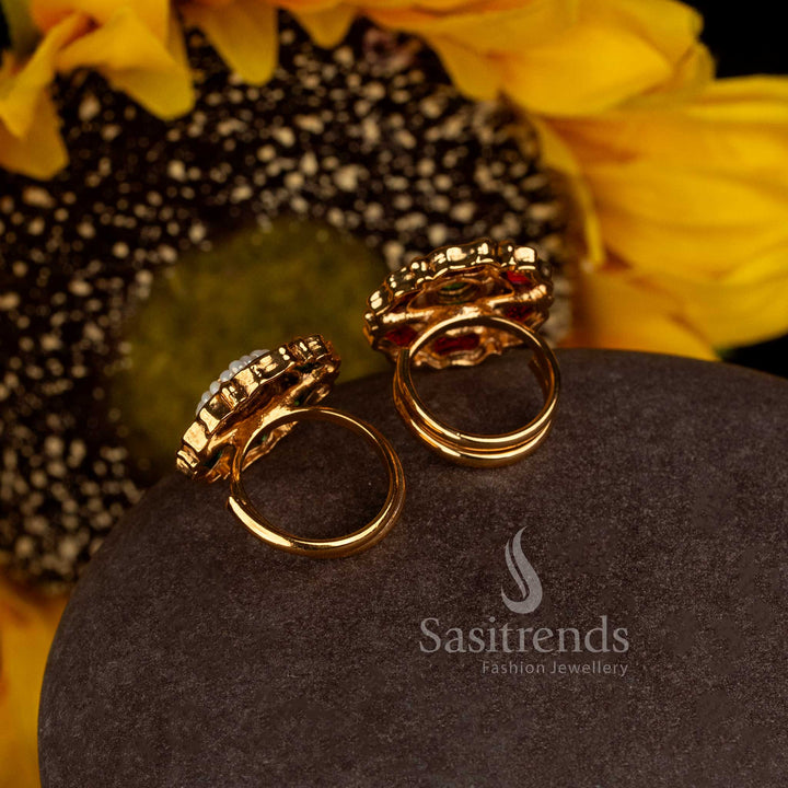 Sasitrends antique gold plated Indian floral jewellery ring with detailed centre and petal-shaped design 