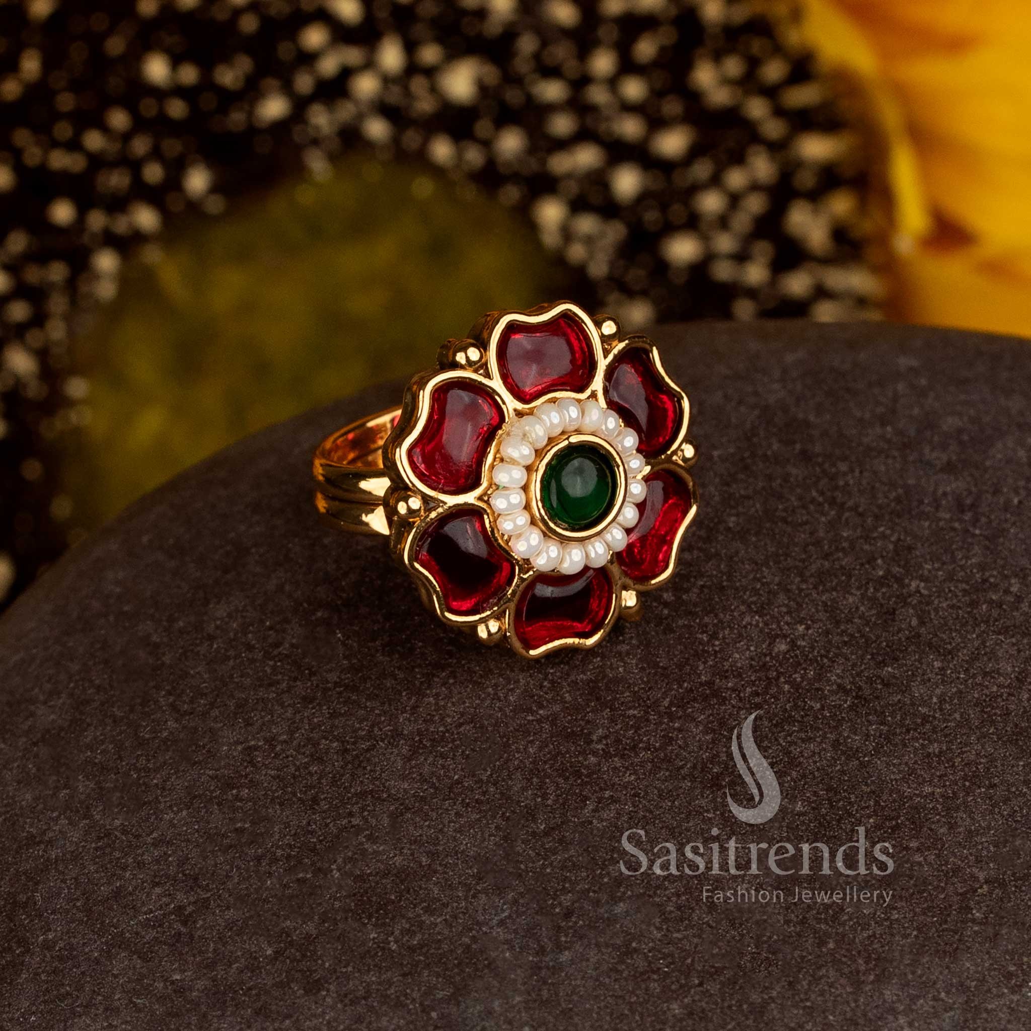 Sasitrends antique gold plated traditional floral statement ring with stone and pearl detailing 