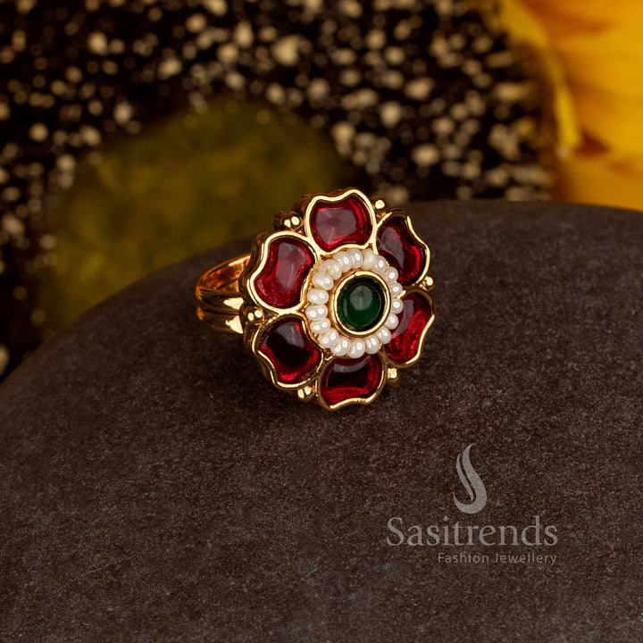 Elegant Antique Gold Plated Traditional Floral Statement Ring with Intricate Stone and Pearl Detailing