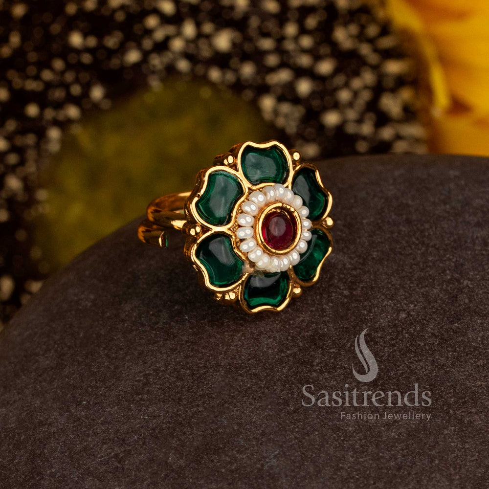 Sasitrends traditional antique gold flower design ring featuring intricate ornamental stone work and pearl border 