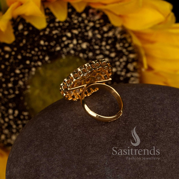 Sasitrends antique gold plated Indian statement ring with symmetrical floral mandala design and intricate stone work