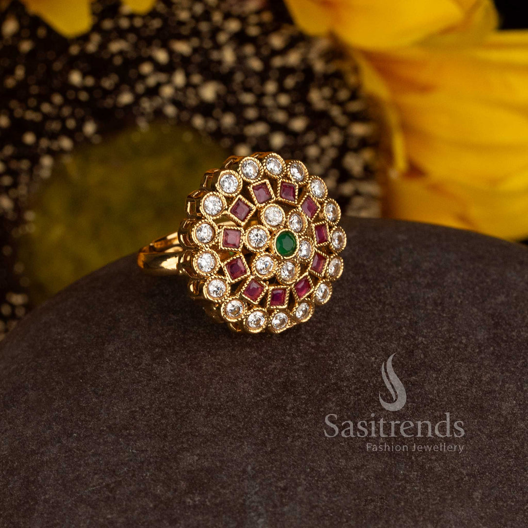 Sasitrends antique gold plated traditional floral mandala statement ring with intricate stone detailing