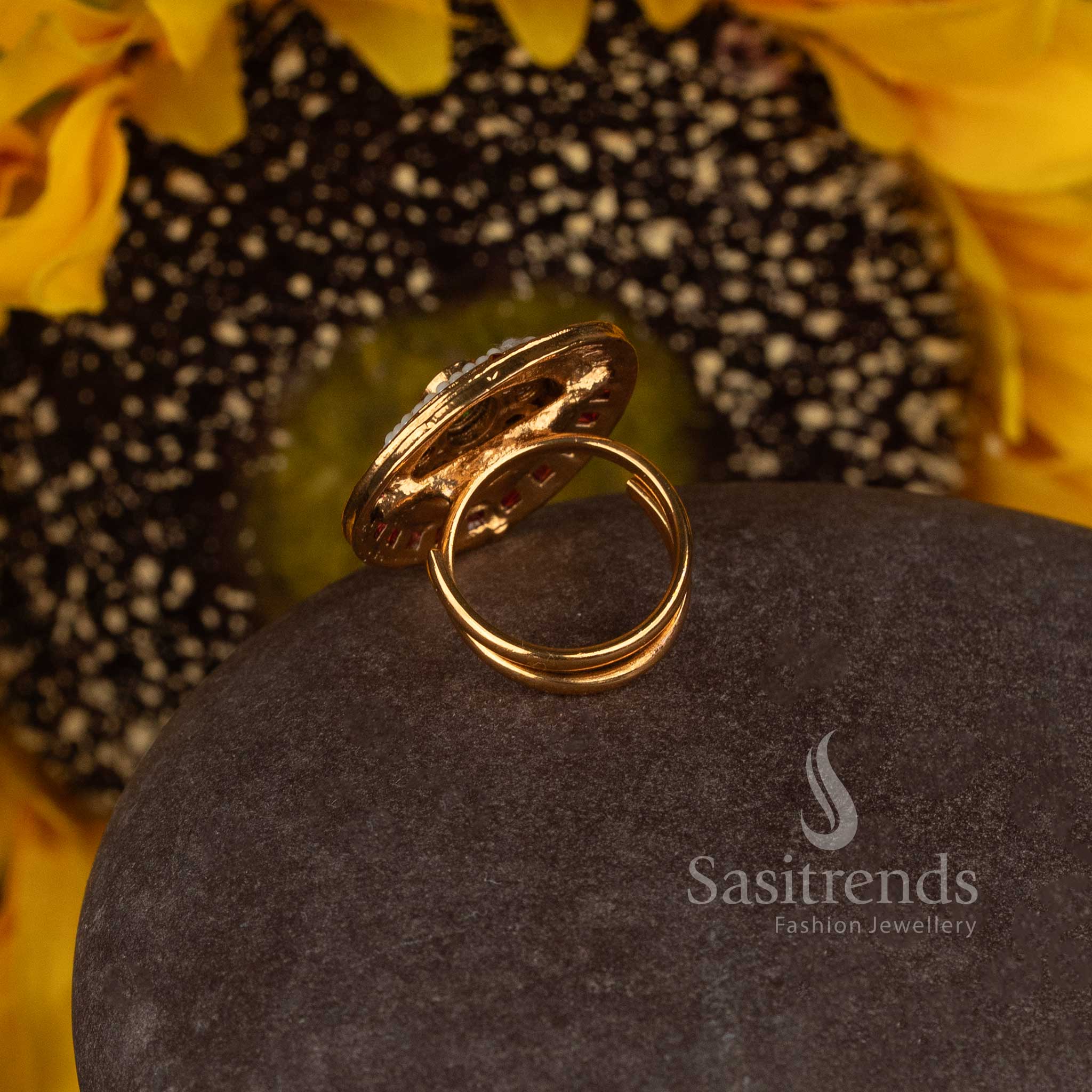 Sasitrends antique gold plated Indian statement ring with central stone, pearl ring and structured outer border 