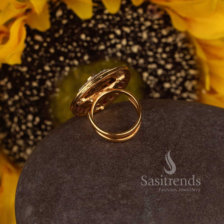 Sasitrends antique gold plated Indian statement ring with central stone, pearl ring and structured outer border 