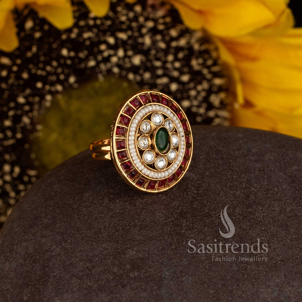 Sasitrends antique gold plated traditional circular stone studded statement ring with pearl border 