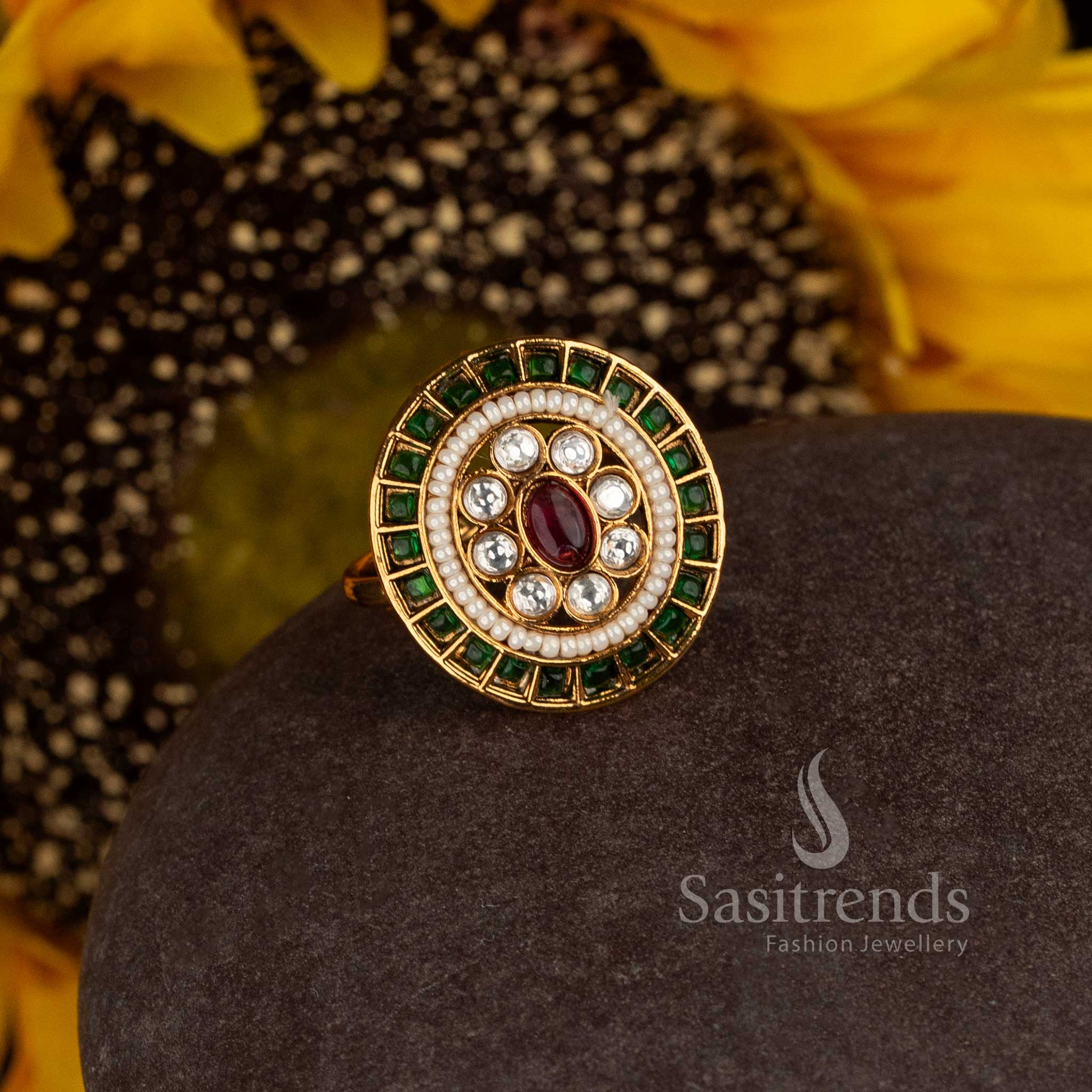 Sasitrends traditional antique gold round ring featuring layered stone settings and intricate pearl detailing 