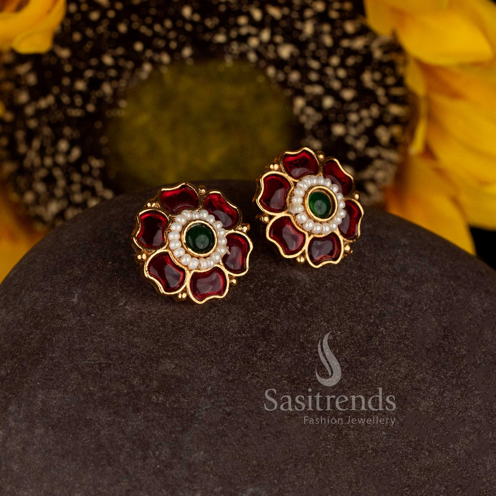 Sasitrends antique gold plated Indian floral earrings with raised petal motifs and intricate centre detailing 