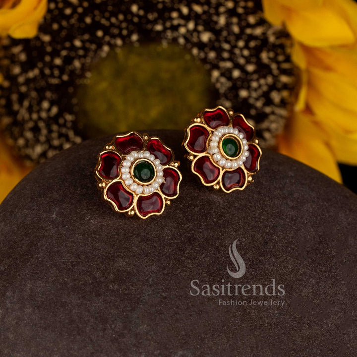 Sasitrends antique gold plated Indian floral earrings with raised petal motifs and intricate centre detailing 