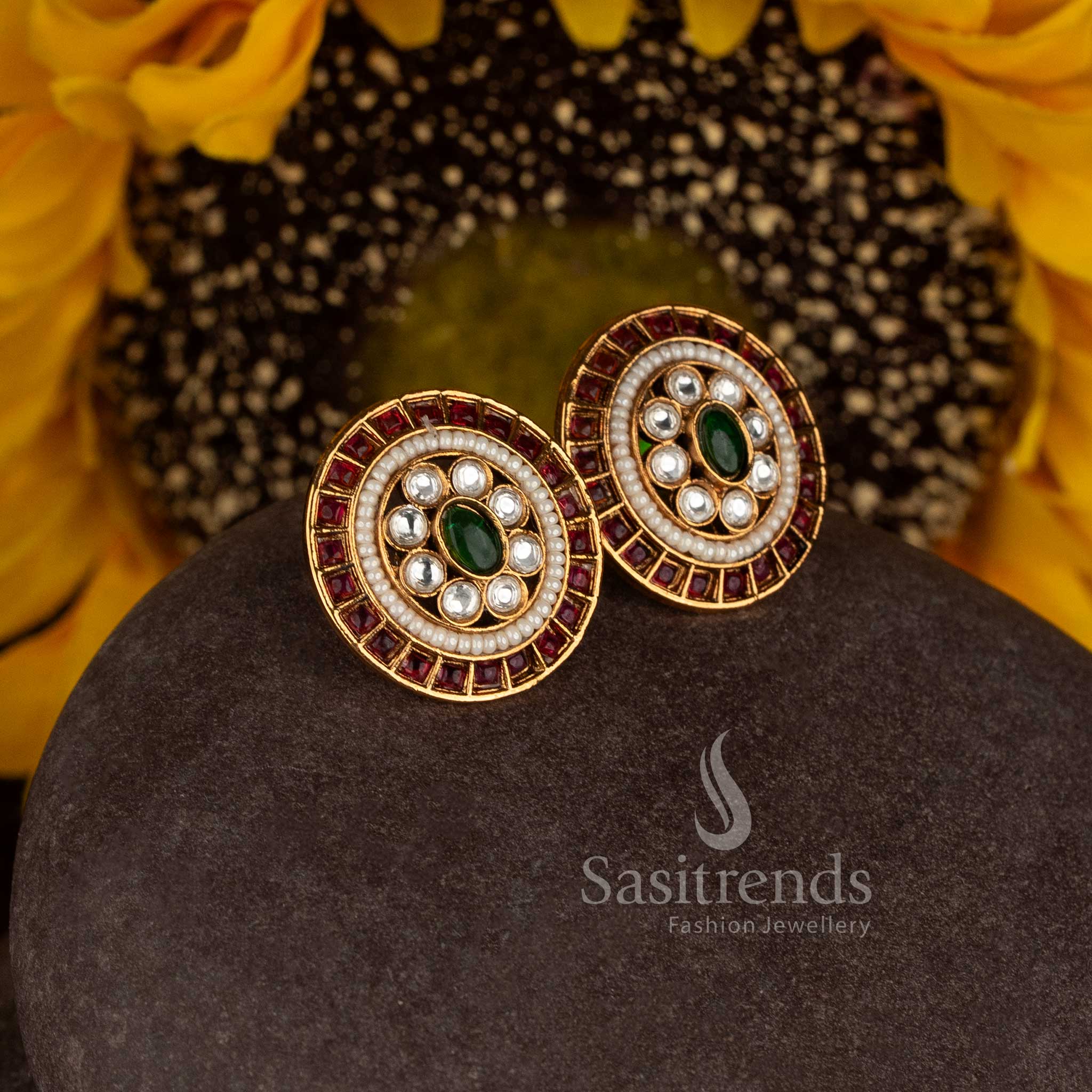 Sasitrends antique gold plated Indian traditional earrings with central stone, pearl detailing and outer stone frame 