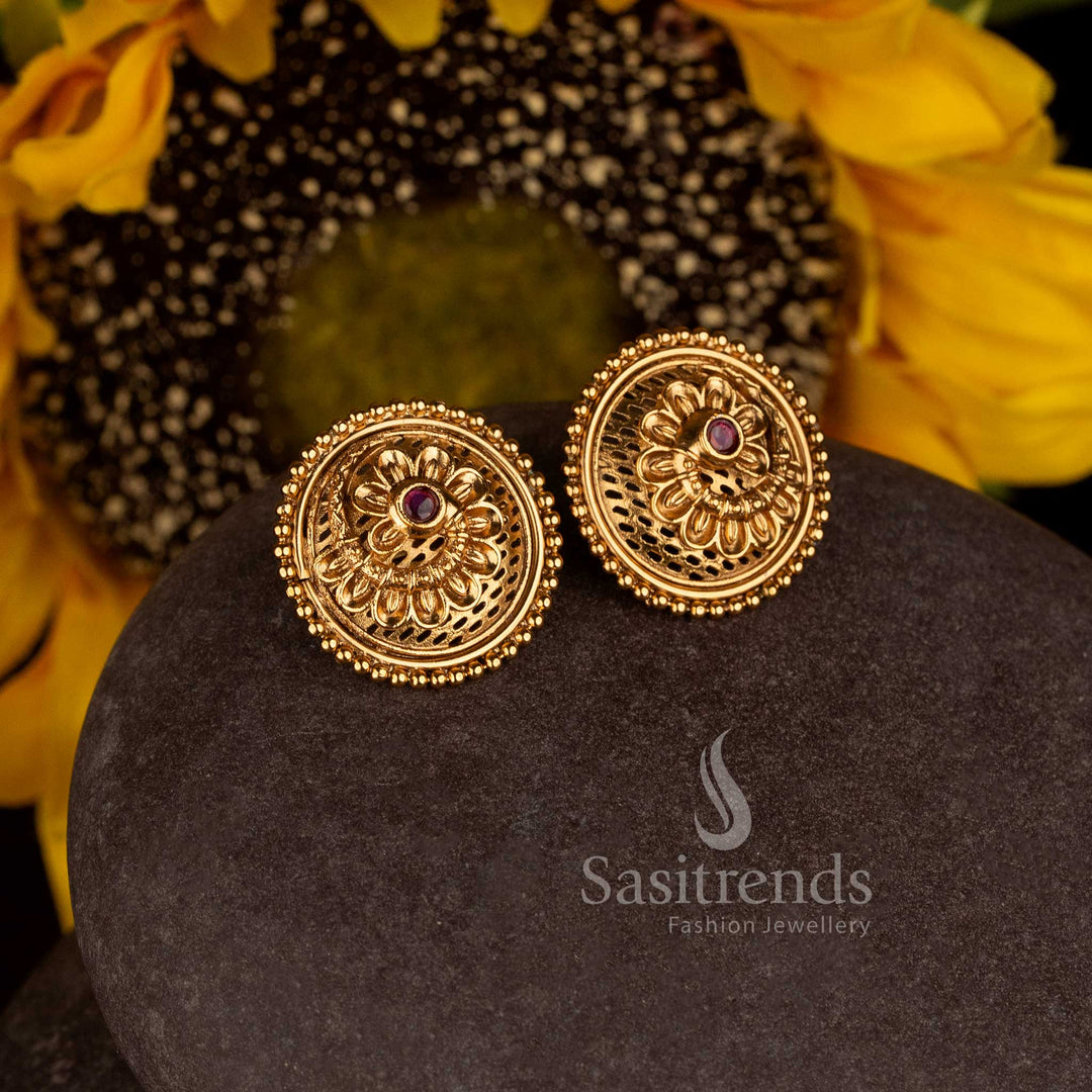 Sasitrends antique gold plated traditional floral filigree earrings with intricate circular ornamental detailing 