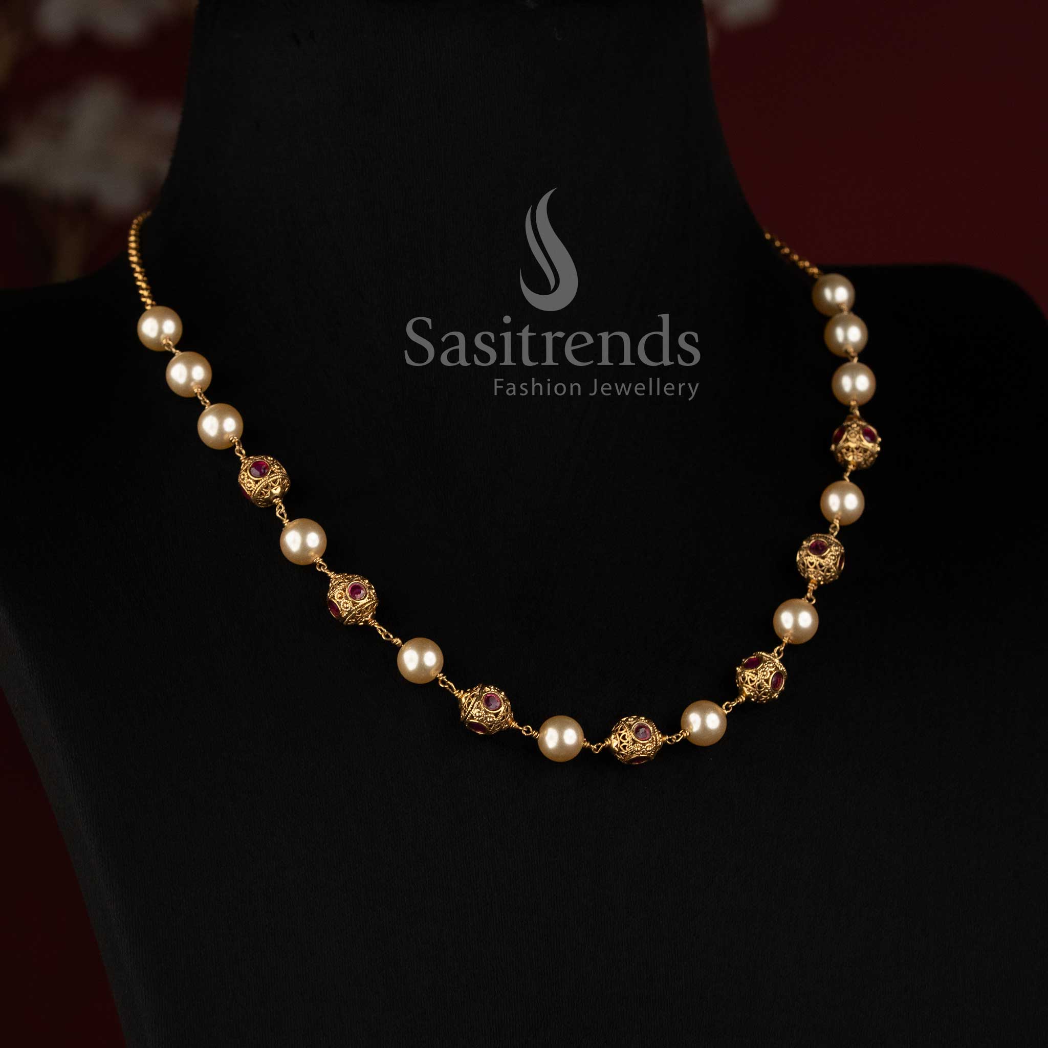 Sasitrends antique gold plated traditional pearl bead necklace with intricate ornamental stone motifs 