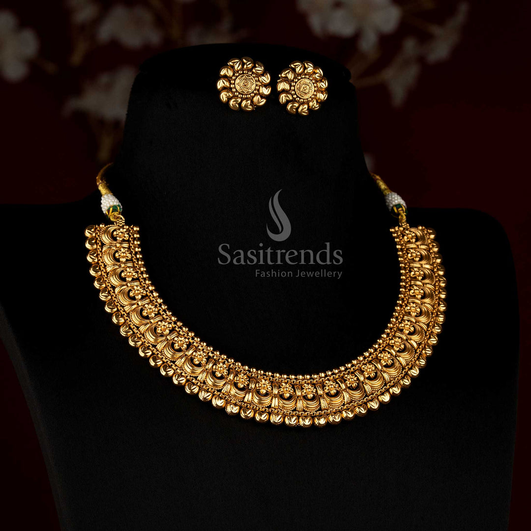 Sasitrends antique gold plated traditional temple style floral scroll collar necklace set with layered ornamental motifs and floral earrings 