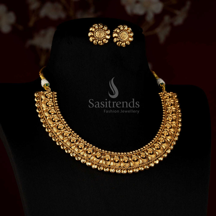Sasitrends antique gold plated traditional temple style floral scroll collar necklace set with layered ornamental motifs and floral earrings 