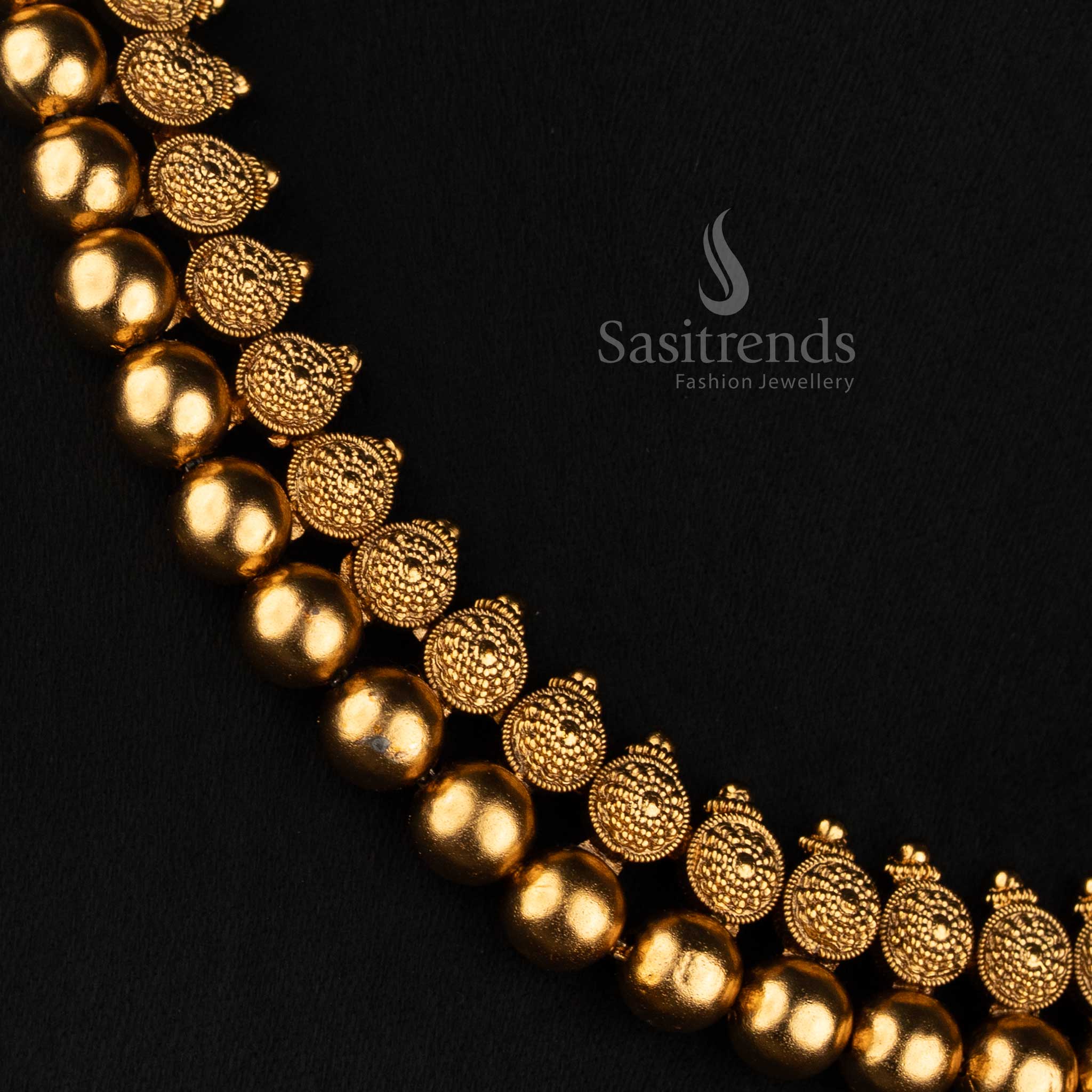 Premium Antique Gold Plated Double Row Ornamental Disc & Gold Bead Necklace Set for Festive, Temple & Wedding Wear