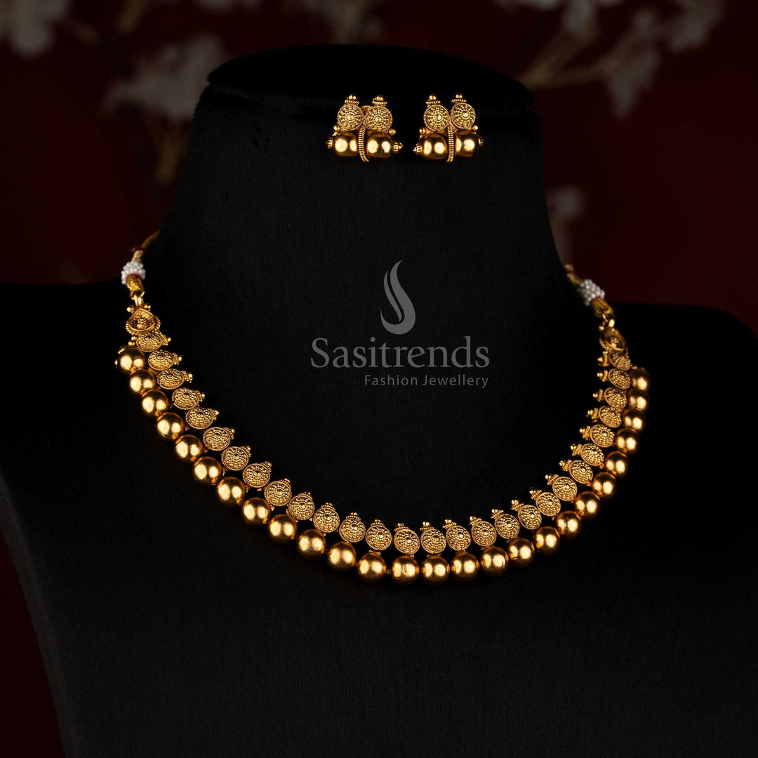 Sasitrends antique gold plated traditional double row ornamental disc and rounded gold bead necklace set with detailed drop earrings 