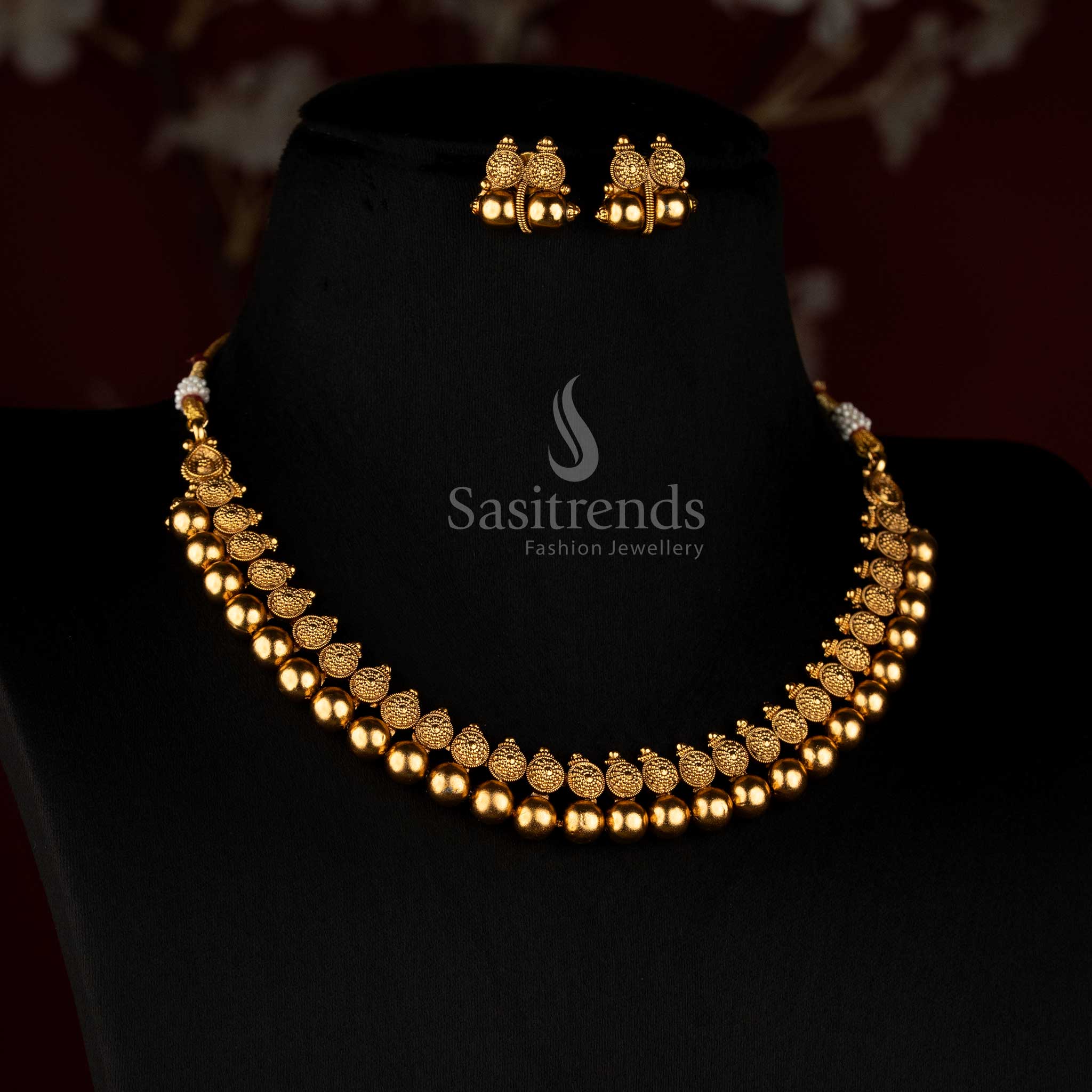 Sasitrends antique gold plated traditional double row ornamental disc and rounded gold bead necklace set with detailed drop earrings 