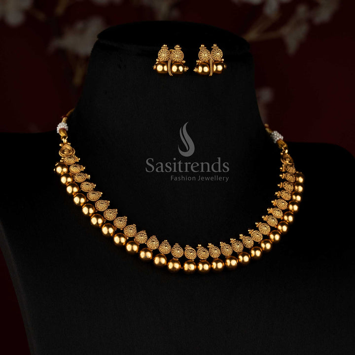Sasitrends antique gold plated traditional double row ornamental disc and rounded gold bead necklace set with detailed drop earrings 