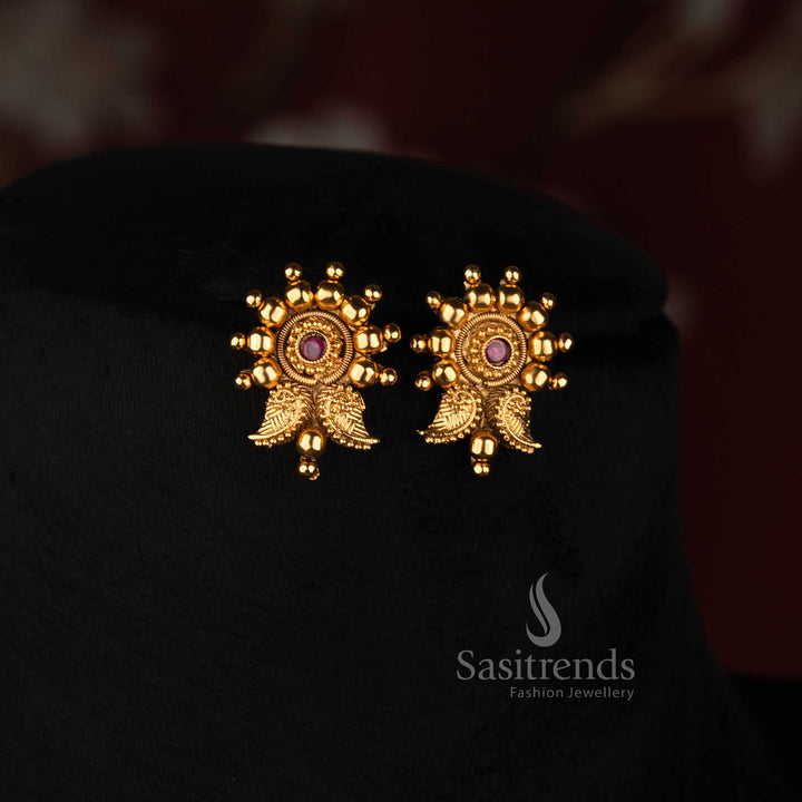 Traditional Antique Gold Plated Paisley Motif Broad Choker Necklace Set, Earrings & Maang Tikka for Bridal, Festive & Temple Wear - Sasitrends 