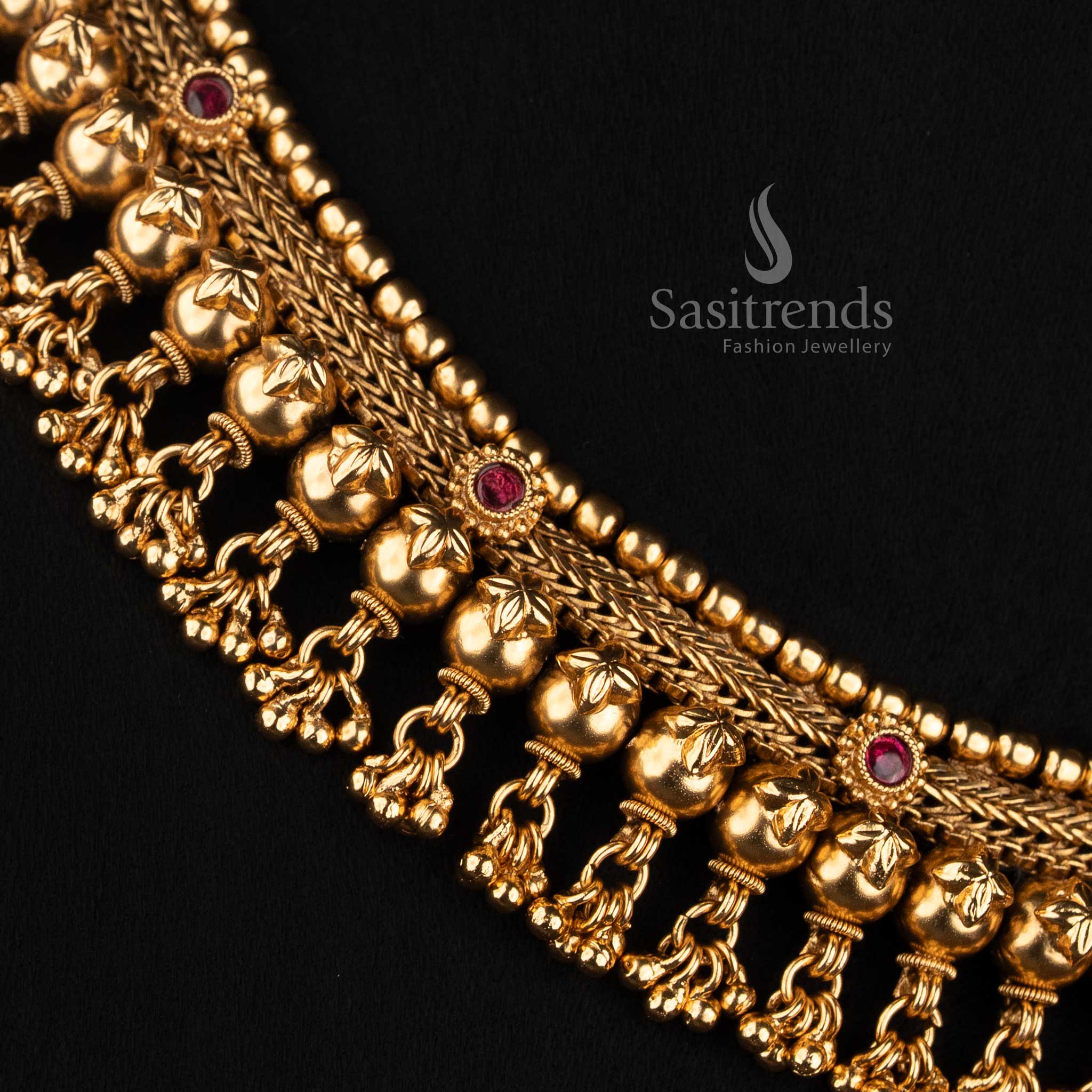 Premium Antique Gold Plated Temple Style Broad Choker Necklace Set with Ornamental Floral Scroll Motifs, Beaded Border & Hanging Drops for Festive & Wedding Wear - Sasitrends 