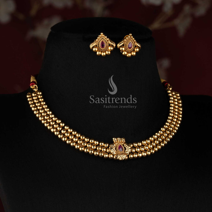 Sasitrends antique gold plated traditional multi-row beaded choker necklace set with floral ornamental teardrop pendant and coordinated earrings 