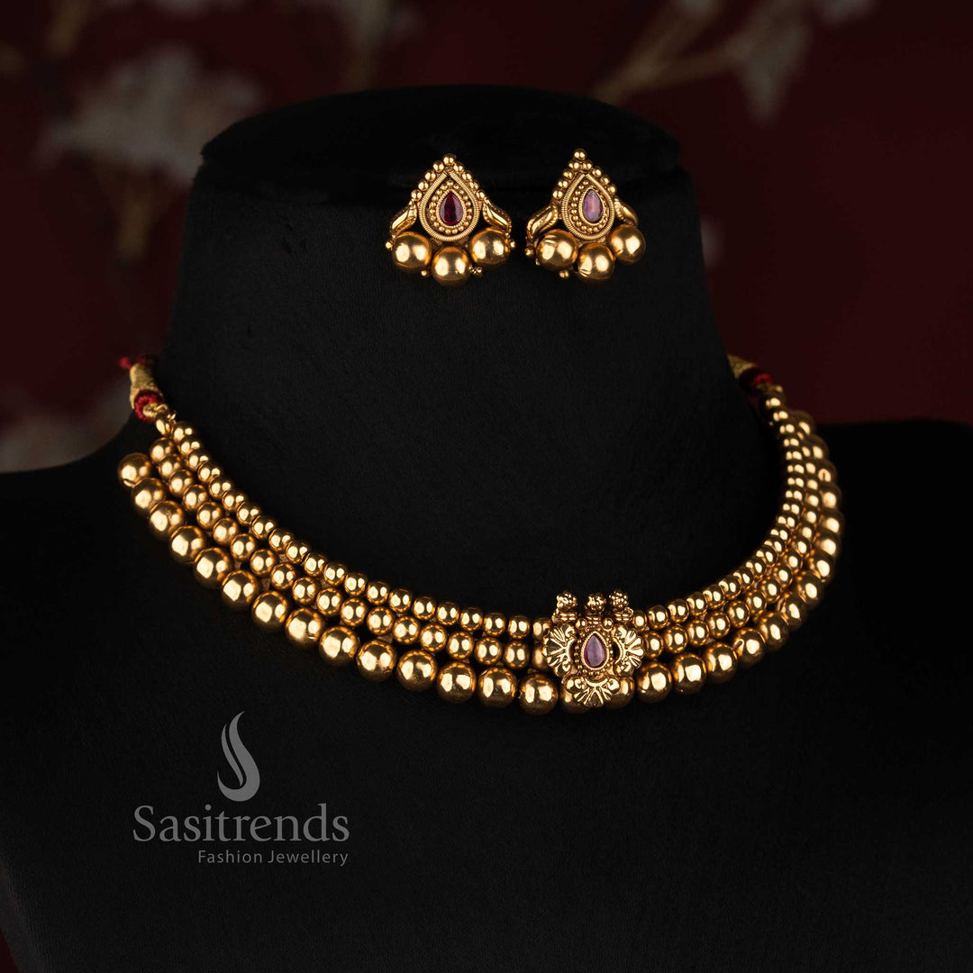 Sasitrends antique gold plated traditional triple row beaded choker necklace set with floral teardrop pendant and ornamental bead drop earrings 
