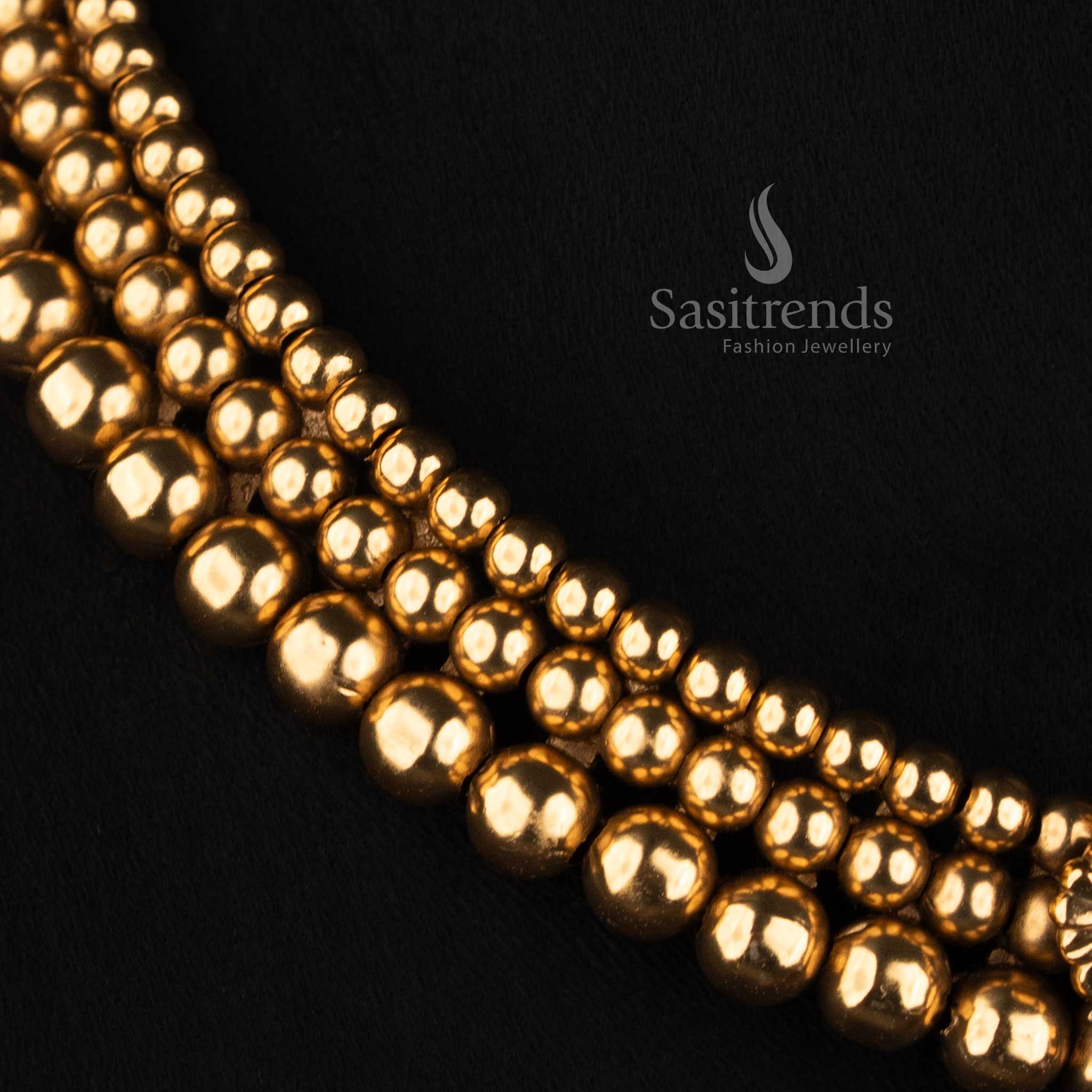 Traditional Antique Gold Plated Triple Row Beaded Choker Necklace Set with Floral Teardrop Pendant for Festive & Wedding Wear - Sasitrends 