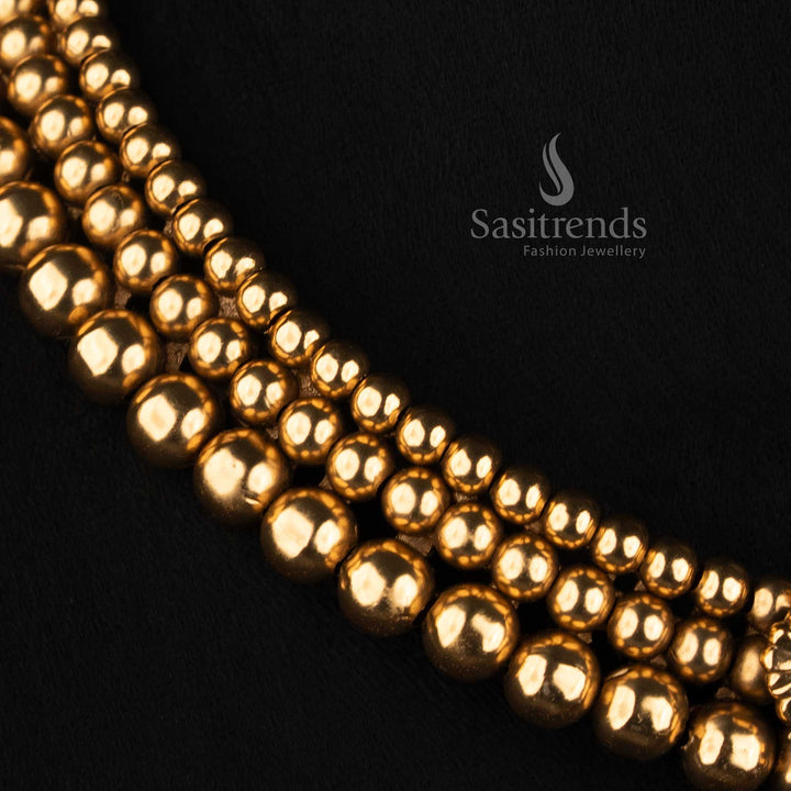 Traditional Antique Gold Plated Triple Row Beaded Choker Necklace Set with Floral Teardrop Pendant for Festive & Wedding Wear - Sasitrends 