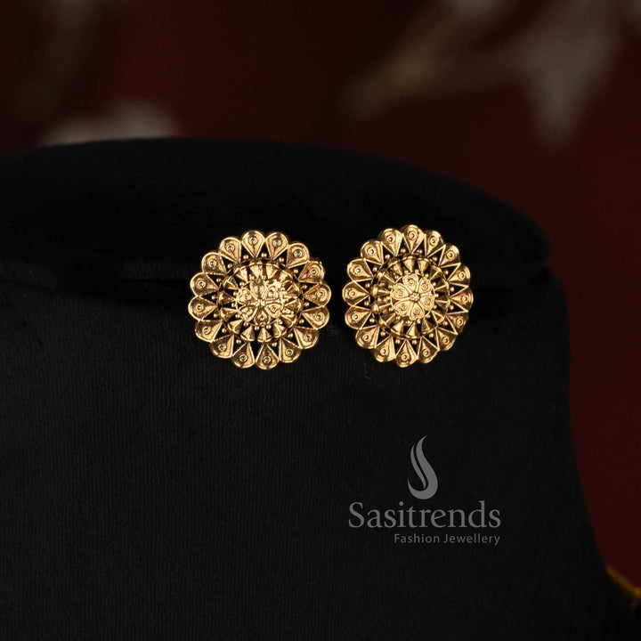 Graceful Antique Gold Plated Traditional Long Geometric Bead Necklace Set with Floral Stud Earrings - Sasitrends 