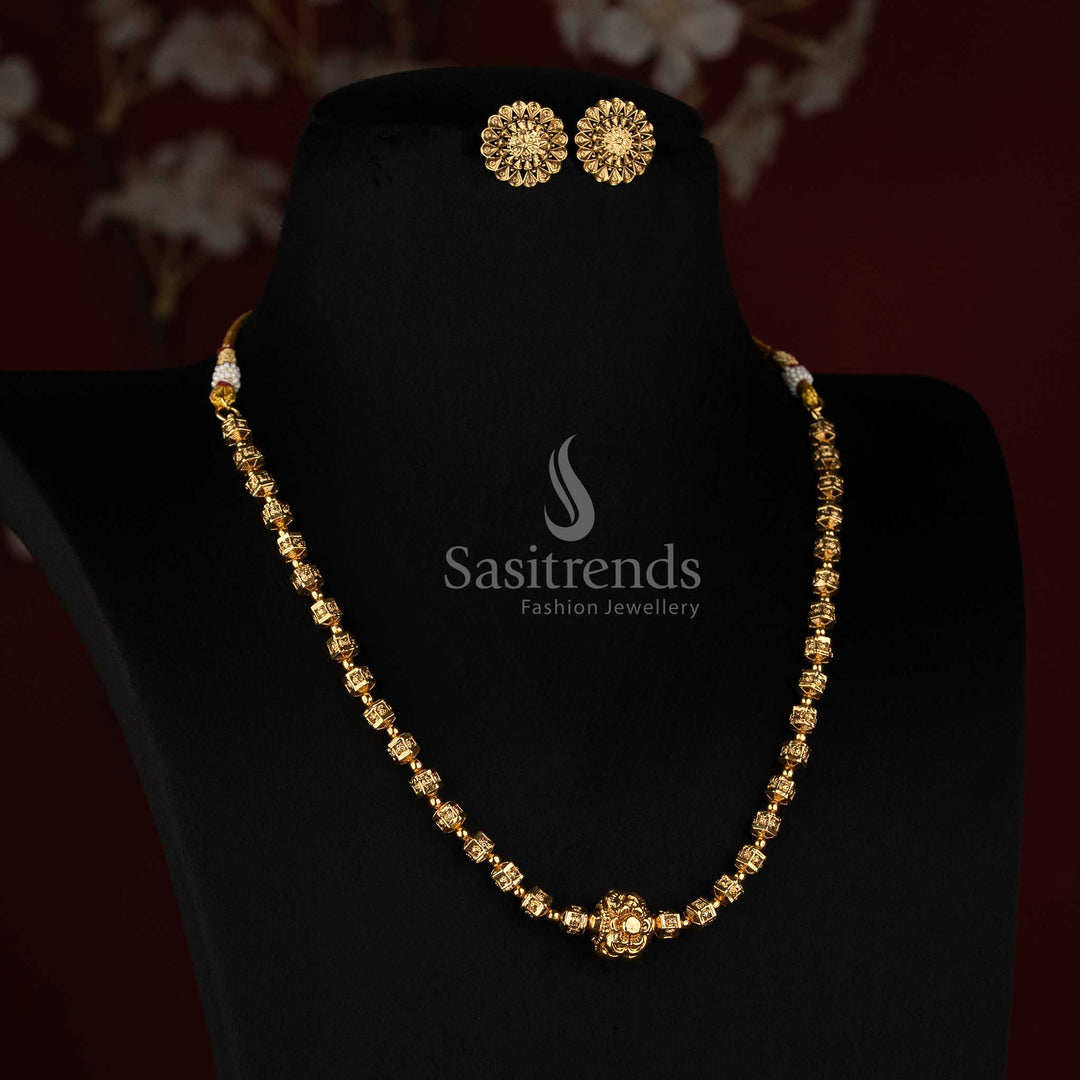 Sasitrends antique gold plated traditional long geometric bead necklace set with floral stud earrings 