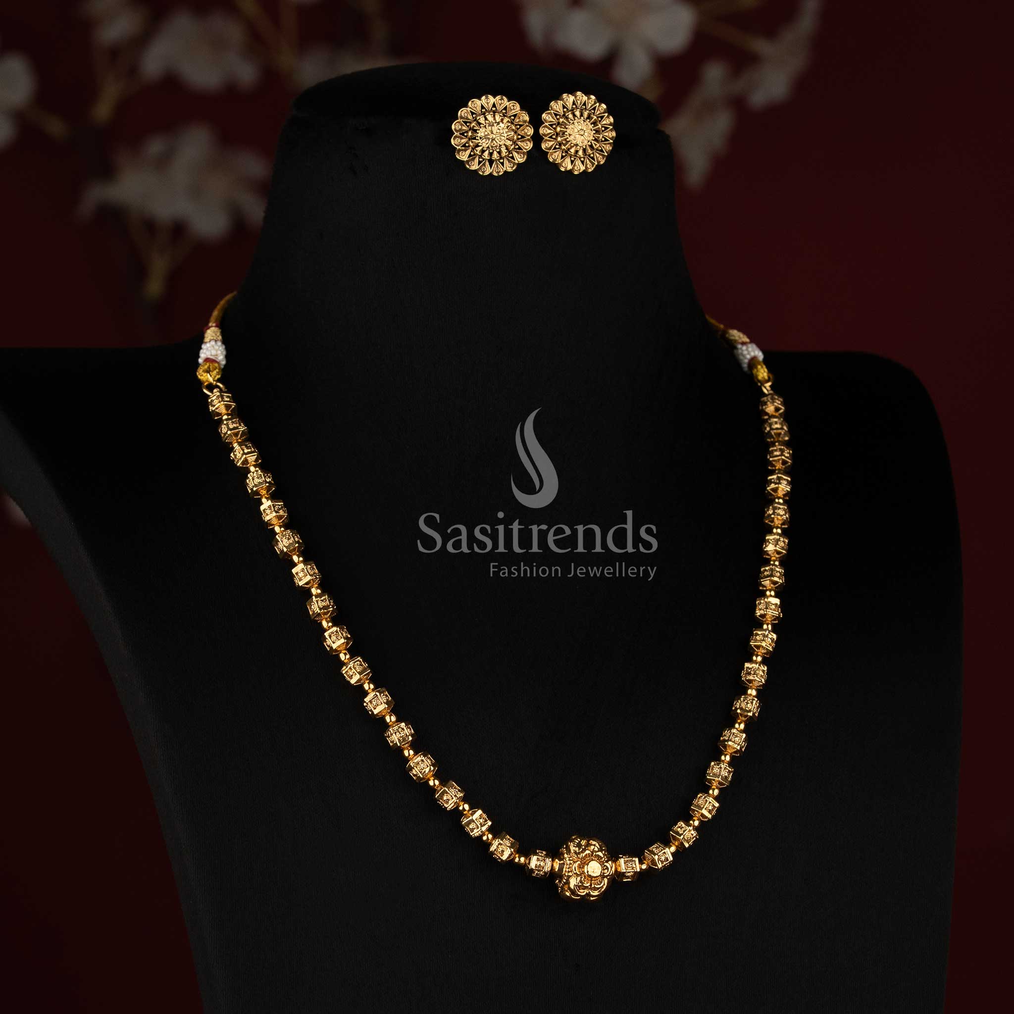 Sasitrends antique gold plated traditional long geometric bead necklace set with floral stud earrings 