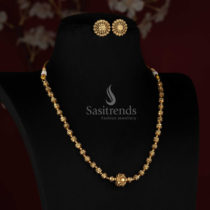 Sasitrends antique gold plated traditional long geometric bead necklace set with floral stud earrings 