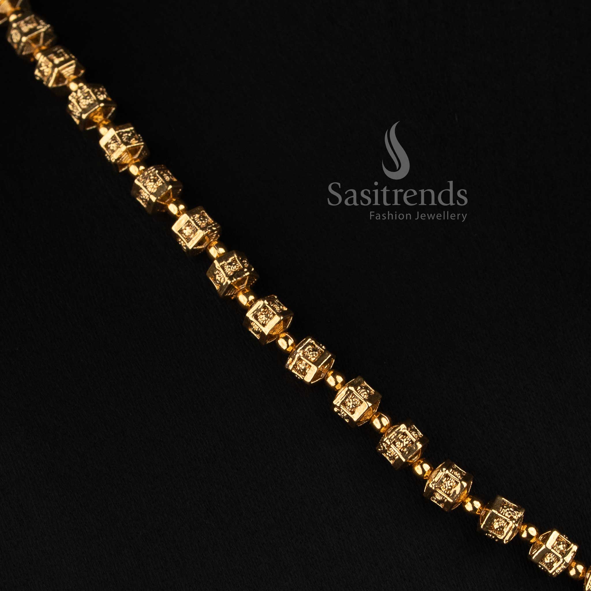 Sasitrends antique gold plated Indian long bead jewellery set with geometric chain design and round floral studs 