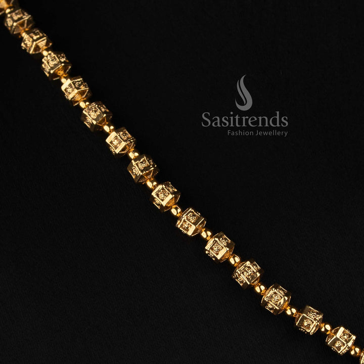 Sasitrends antique gold plated Indian long bead jewellery set with geometric chain design and round floral studs 