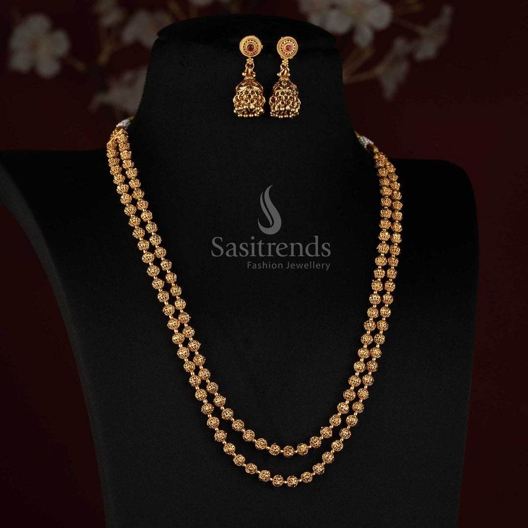 Sasitrends antique gold plated traditional double strand floral bead necklace set with detailed ornamental beads and hanging earrings 