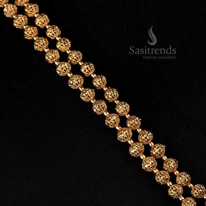 Sasitrends traditional antique gold jewellery set with layered floral bead strands, ornamental drop earrings and long ethnic necklace design 