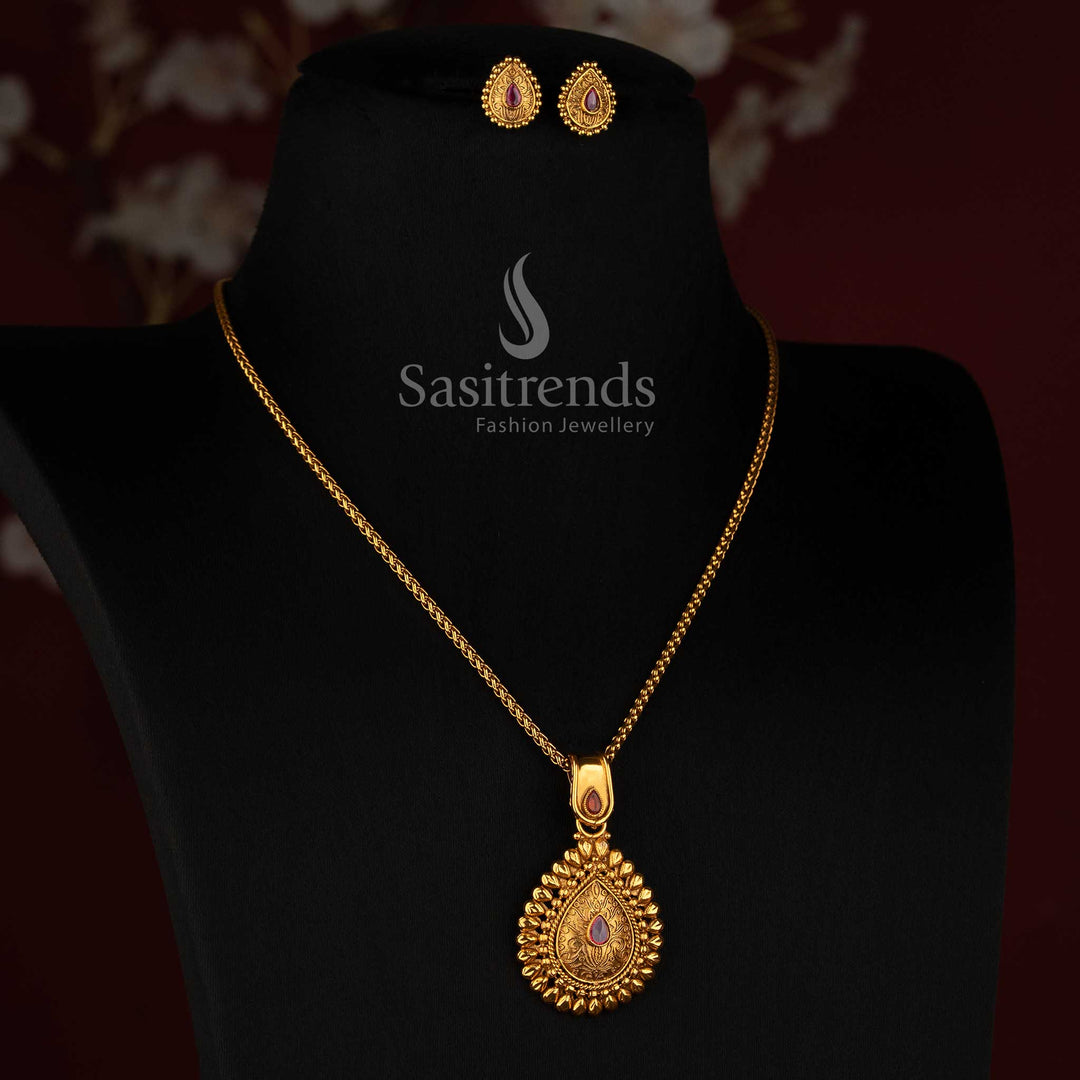 Sasitrends antique gold plated traditional temple teardrop pendant necklace set with matching earrings and intricate detailing 