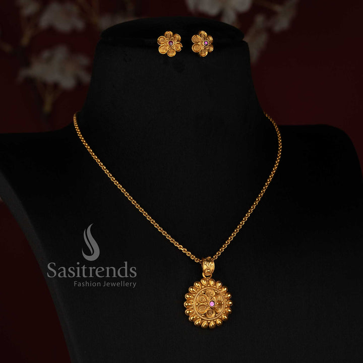 Sasitrends antique gold plated traditional floral pendant necklace set with round ornamental pendant and floral stud earrings 