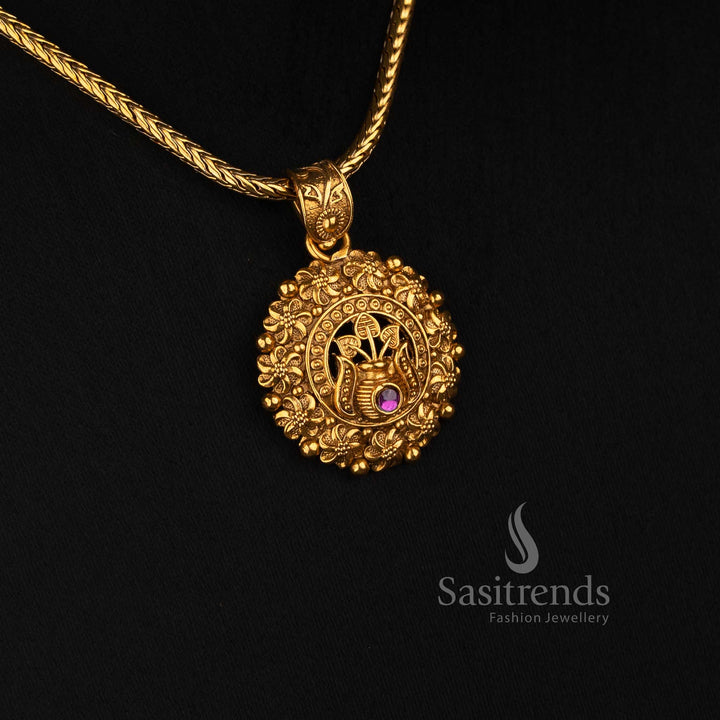 Sasitrends antique gold traditional necklace set featuring layered flower pendant, ornamental floral border and stud earrings 