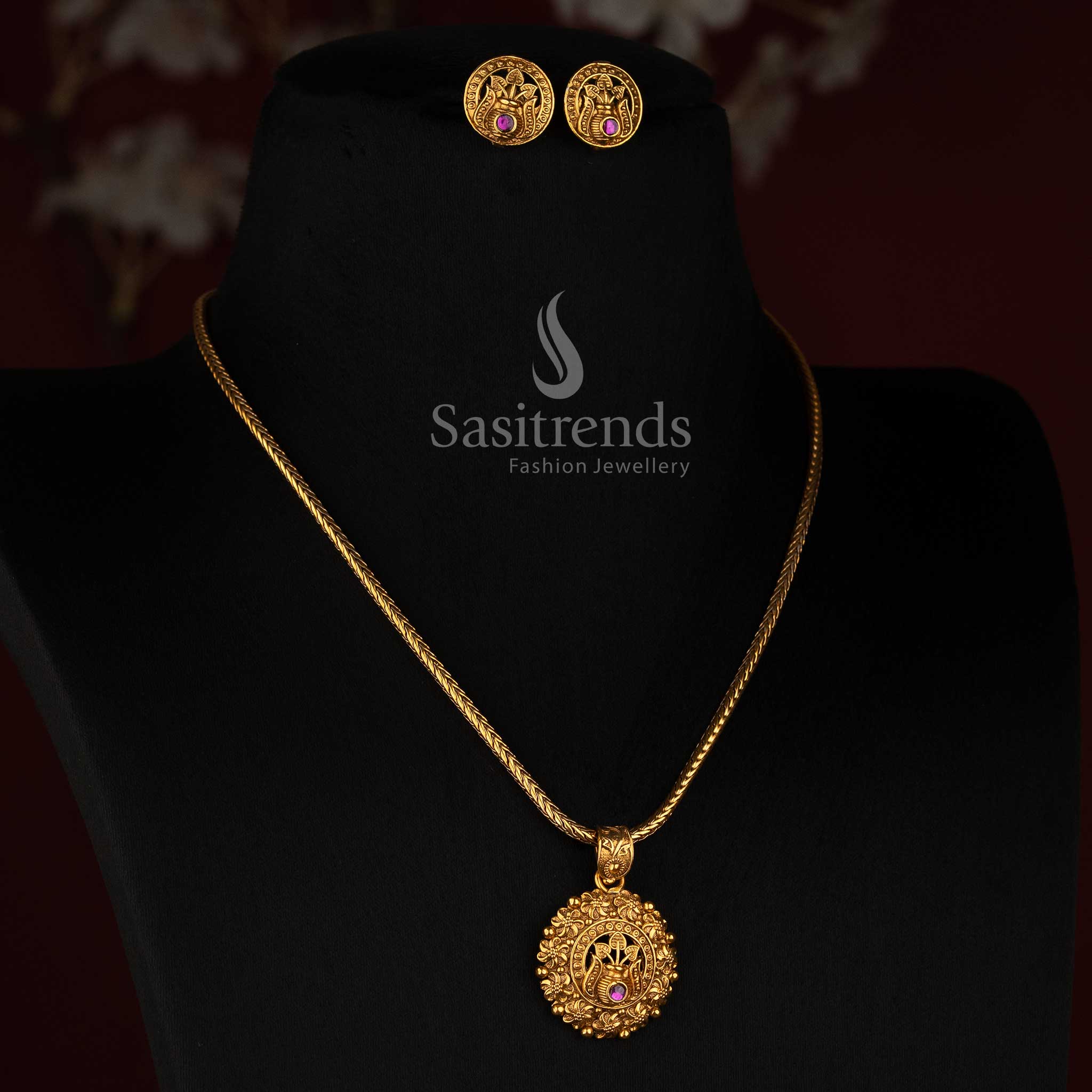 Sasitrends antique gold plated traditional floral flower motif round pendant necklace set with braided rope chain 